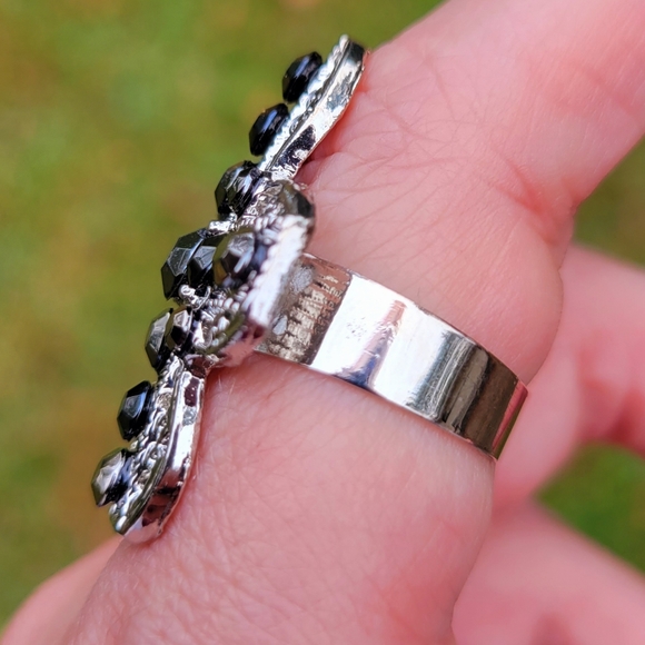 Joy of the Saints Silver Cross Black Crystal Gemstone Ring One Size Fits All - Picture 7 of 12